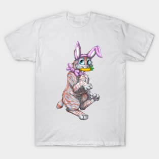 Bobtail BunnyCat: Red On Blue Tabby (Pink) T-Shirt